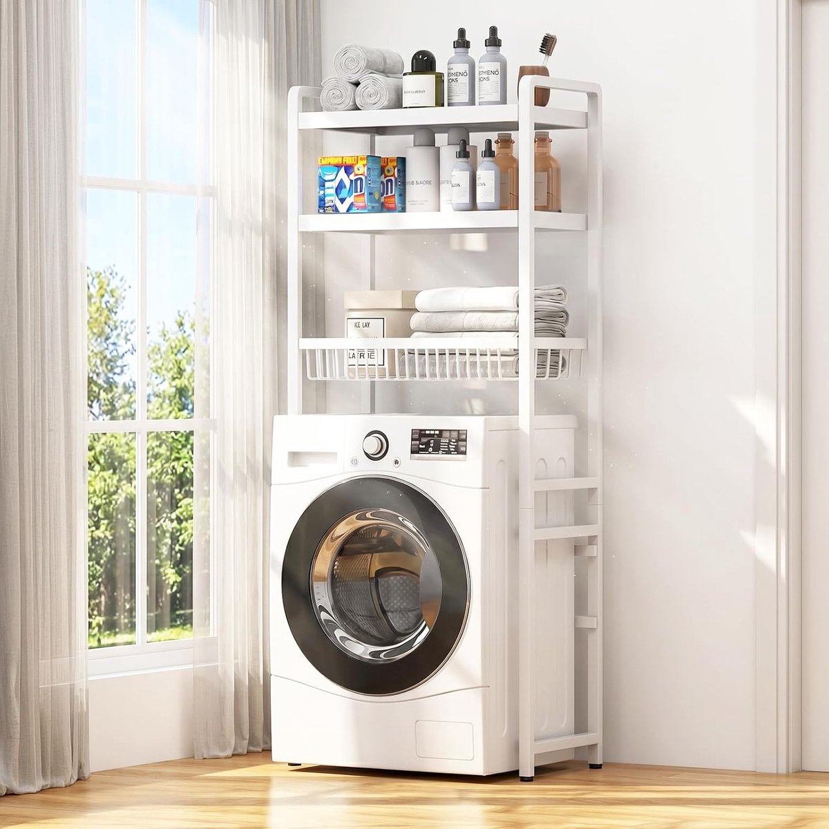 Wasmachinerek met 3 niveaus met opbergmand en 4 haken, 168 cm hoog, ruimtebesparende opslag boven de wasmachine, duurzaam stalen buisrek voor waskeuken