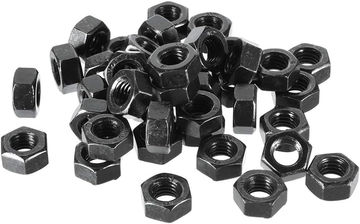 sourcing map Zeskantmoeren, zeskantmoer, grove draad, metrisch, M8 x 1,25 mm, van koolstofstaal, 40 stuks (zwart)