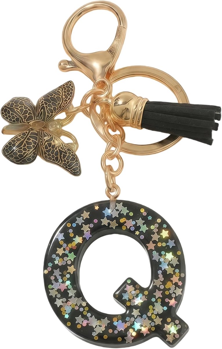 Lettersleutelhanger, zwarte vlinder met kwast, initialen sleutelhanger als klein cadeau voor vrouwen (zwart, Q)