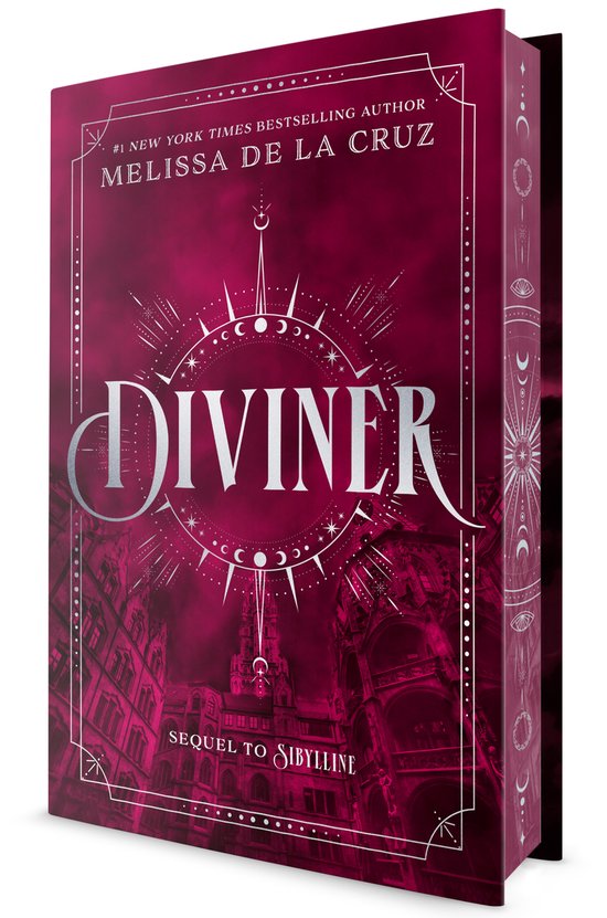 Boek Diviner, gebonden editie, met de tekst "#1 NEW YORK TIMES BESTSELLING AUTHOR MELISSA DE LA CRUZ DIVINER SEQUEL TO SIBYLLINE" op een donkerrode achtergrond.