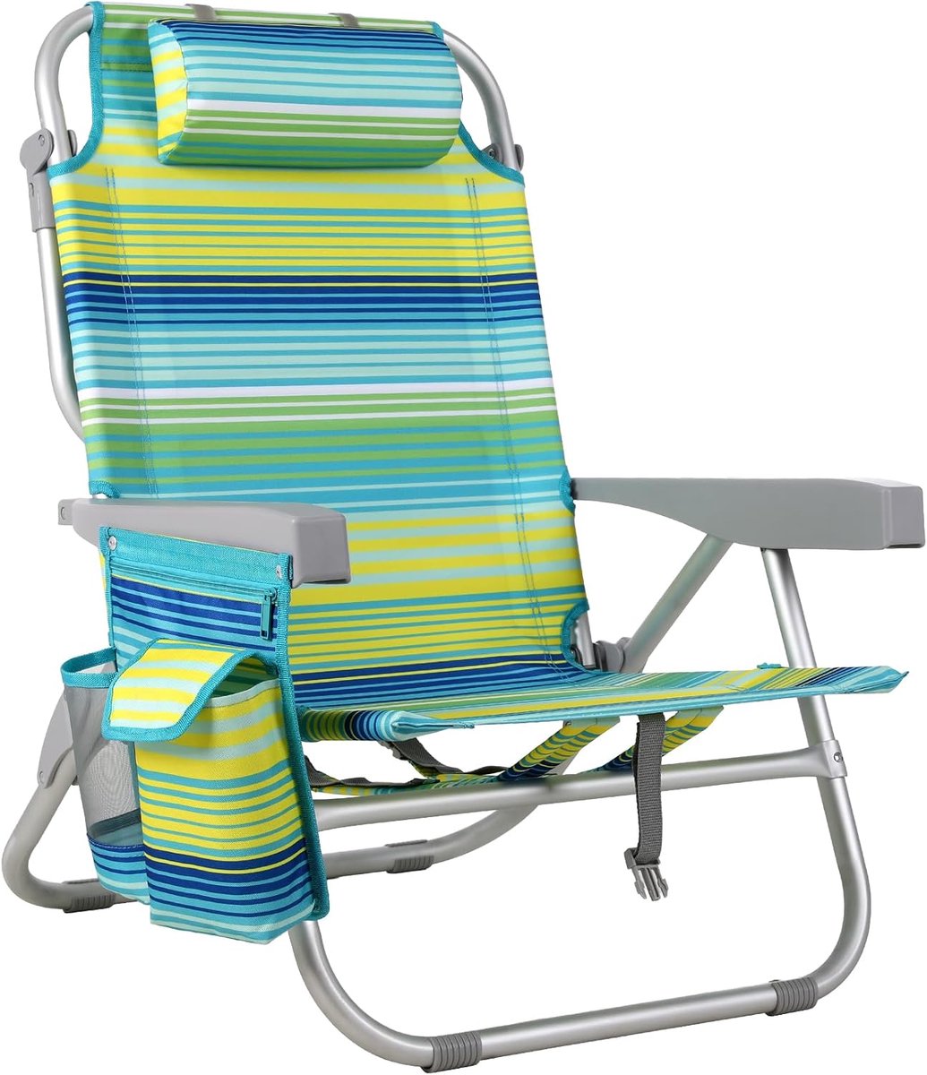 Strandstoel, inklapbaar, licht, aluminium, rugzak, klapstoel, strand, campingstoel, kan plat liggen, tot 150 kg belastbaar, outdoor vouwstoel met verstelbare hoge rugleuning, ijszak, groen