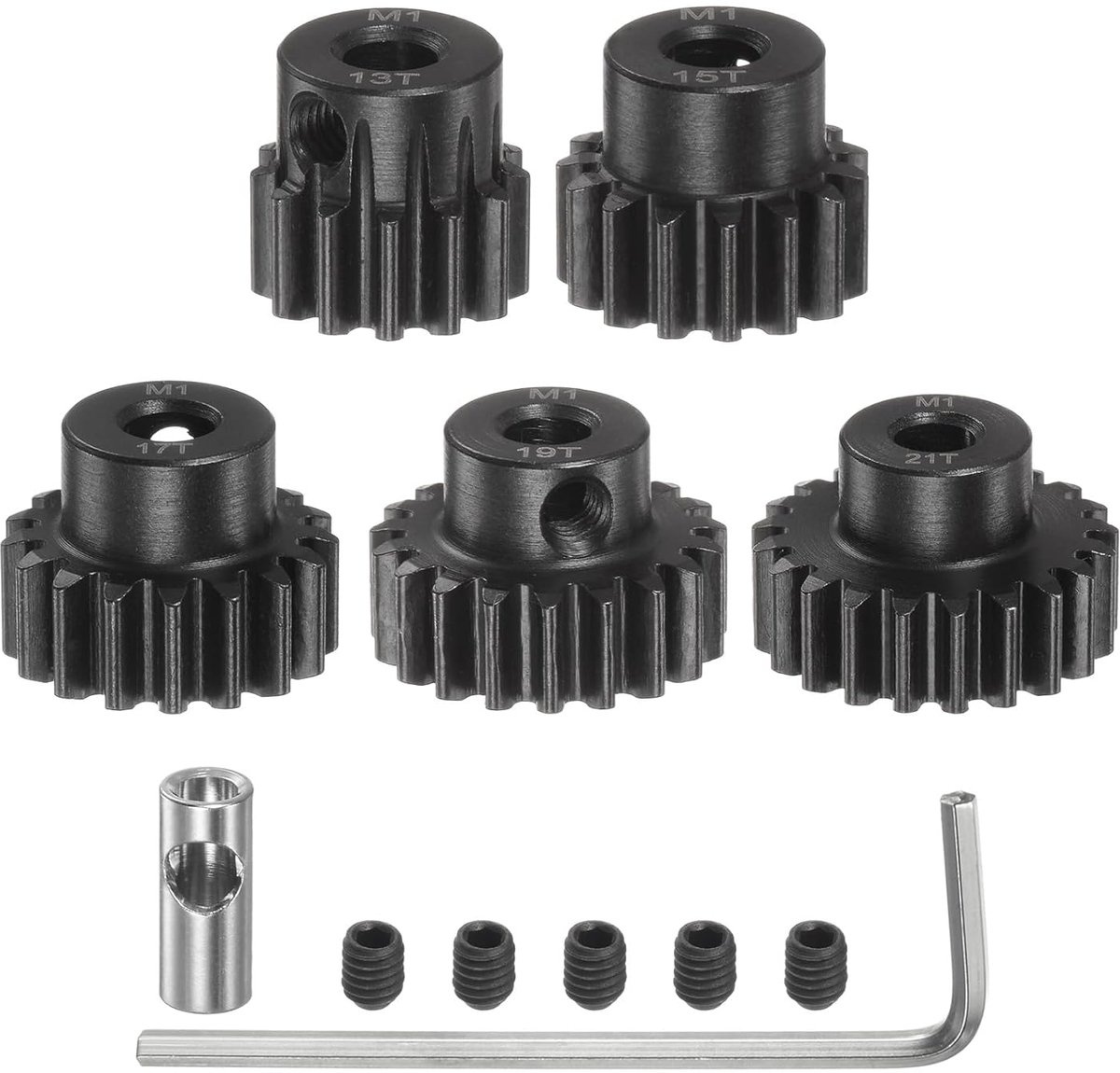 M1 Mod1 tandwielset, 5 mm as 13T 15T 17T 19T 21T motortandwiel van gehard staal met 3,17 mm koppeling voor RC auto (5 stuks)