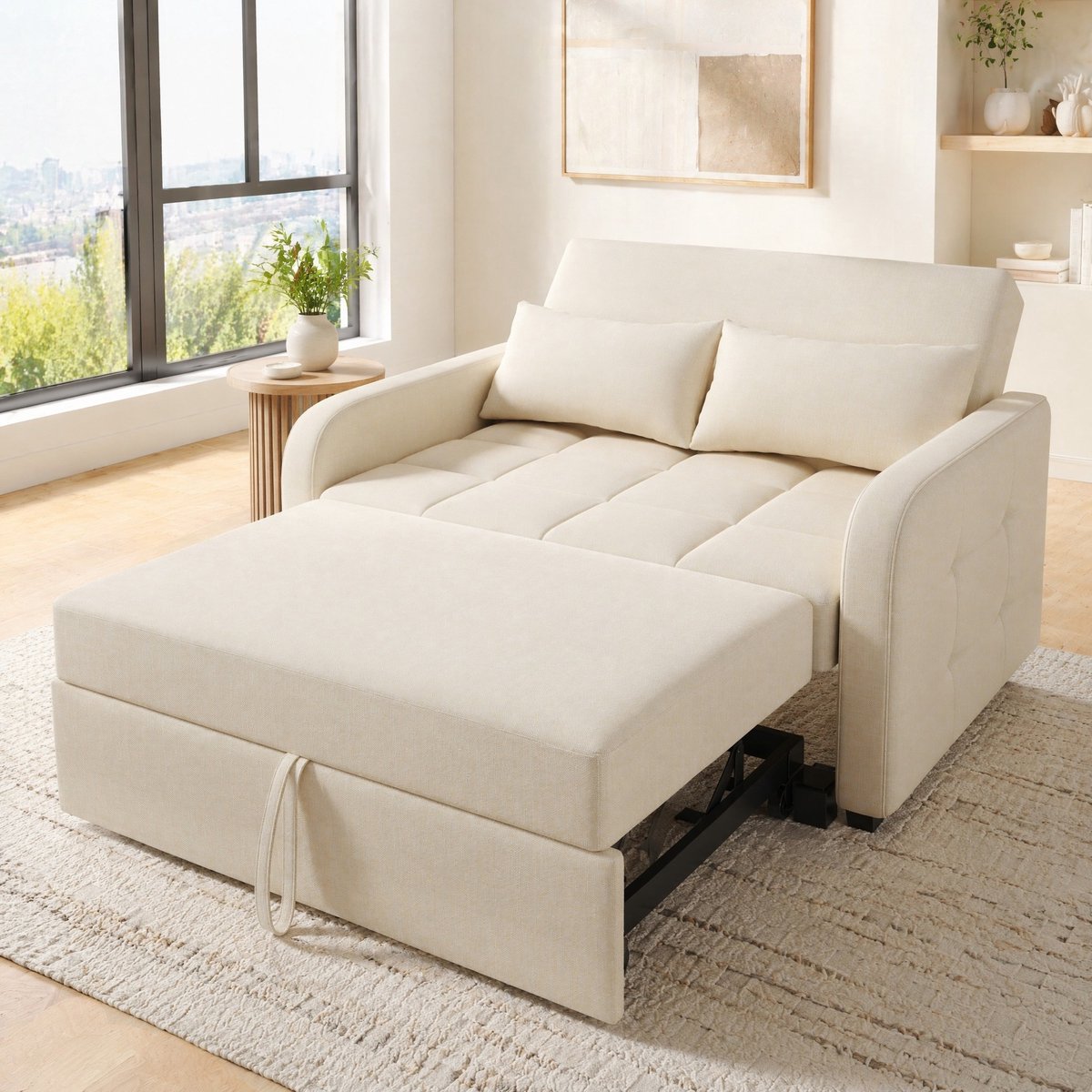 MEUNIQ slaapbank 127 x 75 x 94 cm, uitklapbare bedbank met verstelbare rugleuning, slaapvlak 110 x 180 cm, 2 kussens, beige, voor woonkamer of logeerkamer