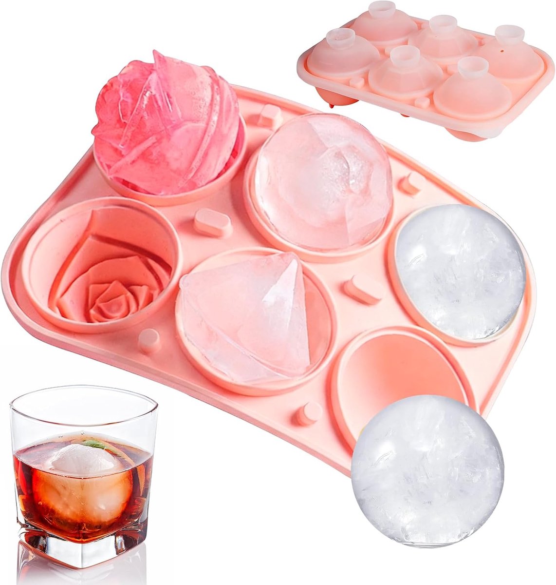 Grote, ronde siliconen ijsblokjesvorm met deksel, bol Ø 5 cm, XXL, levensmiddelenkwaliteit, BPA-vrij, 6 rond/3 patronen, trechter-design voor cocktails, whiskey, sap, koffie