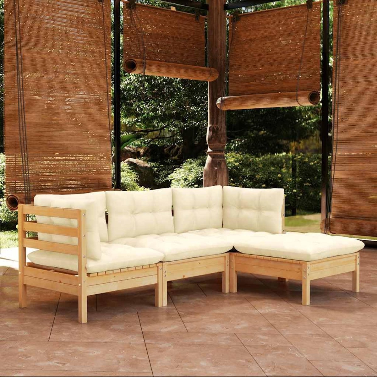 Tuinloungeset 4-delig - Grijze kussens - Dennenhout - Perfect om te ontspannen buiten - SnelShoppen