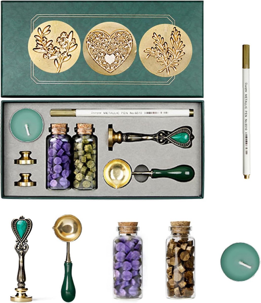 Romantics Wax Seal Stempel Kit Kerst Zegellak Kralen Set Geschenkdoos, 3 Wax Stempel Messing Hoofden met Retro Handvat, Lepel en Pen voor Enveloppen Brieven Bruiloft Uitnodigingen