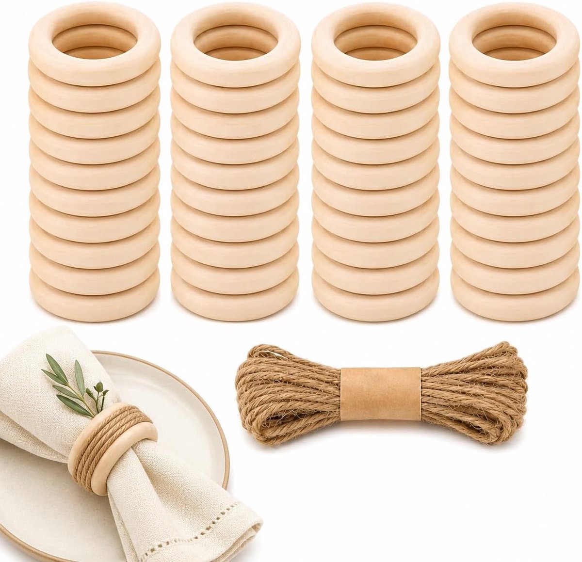 40 stuks houten ringen, 5,5 cm cirkel van hout, doe-het-zelf houten ringen, macramécirkels met 1 meter hennepkoord (2 mm) voor handgemaakt, gordijnringen, dentelaccessoires