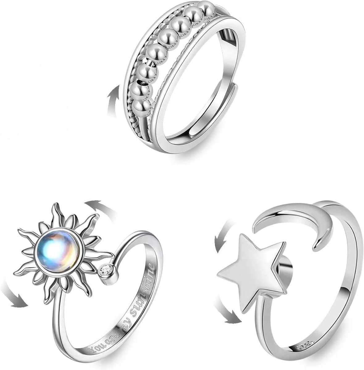 Ringen voor Dames Vrouwen, Open Verstelbare Anti-Angst Spinner Ringen Zilver, Anti Stress Ringen CZ Maan&Ster, voor Stressvermindering Cadeau