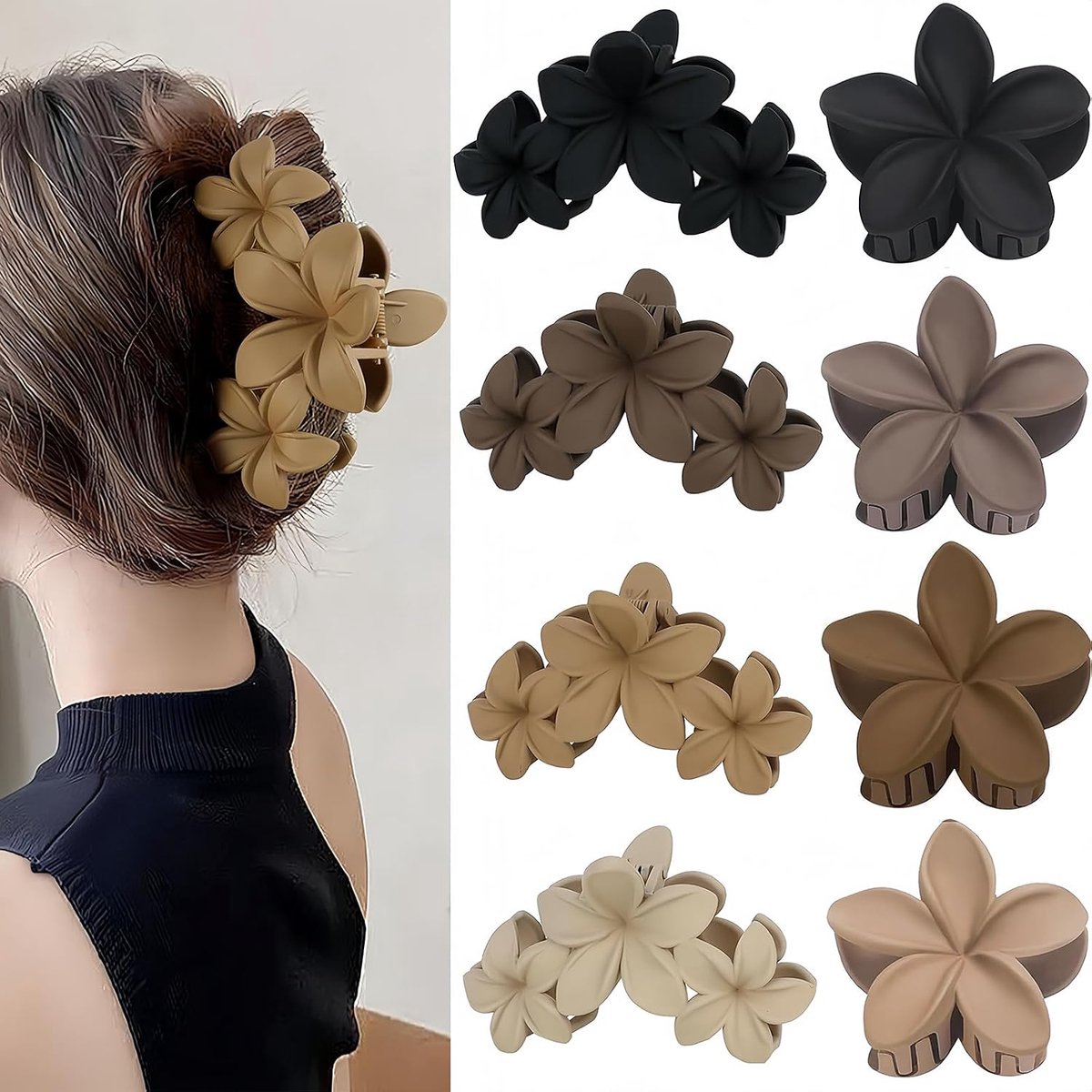 Haarspeld met bloemen, 8 stuks, 4 kleuren, elegante bloemenhaaraccessoires, matte bloemenhaarspelden voor lang haar, glad haar, krullend haar (2 maten)