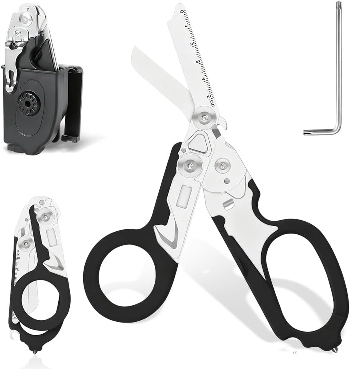 Inklapbaar, 6-in-1 traumaschaar met holster, reddingsdienst-accessoires met riemsnijder en glasbreker, noodschaar, verbandschaar voor outdoor, camping, reddingsdienst (zwart)