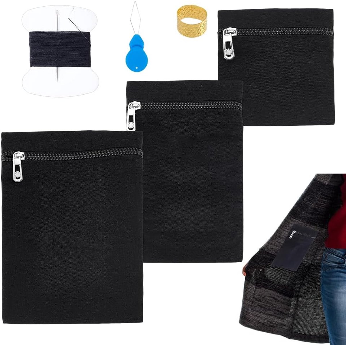 Ingenaaide zijzak met ritssluiting, rechthoekige binnenzakken, set voor jassen met naaigaren en naalden voor jassen, capuchontrui en sweatshirts, zwart