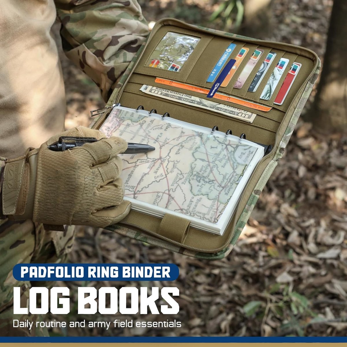Tactische notitieboekje padfolio ringbanden met 80 vellen, leger militair notitieboekje, tactisch portefeuillebindmiddel met rits voor tactische uitrusting en organizer, navulbare A5 6 ringband