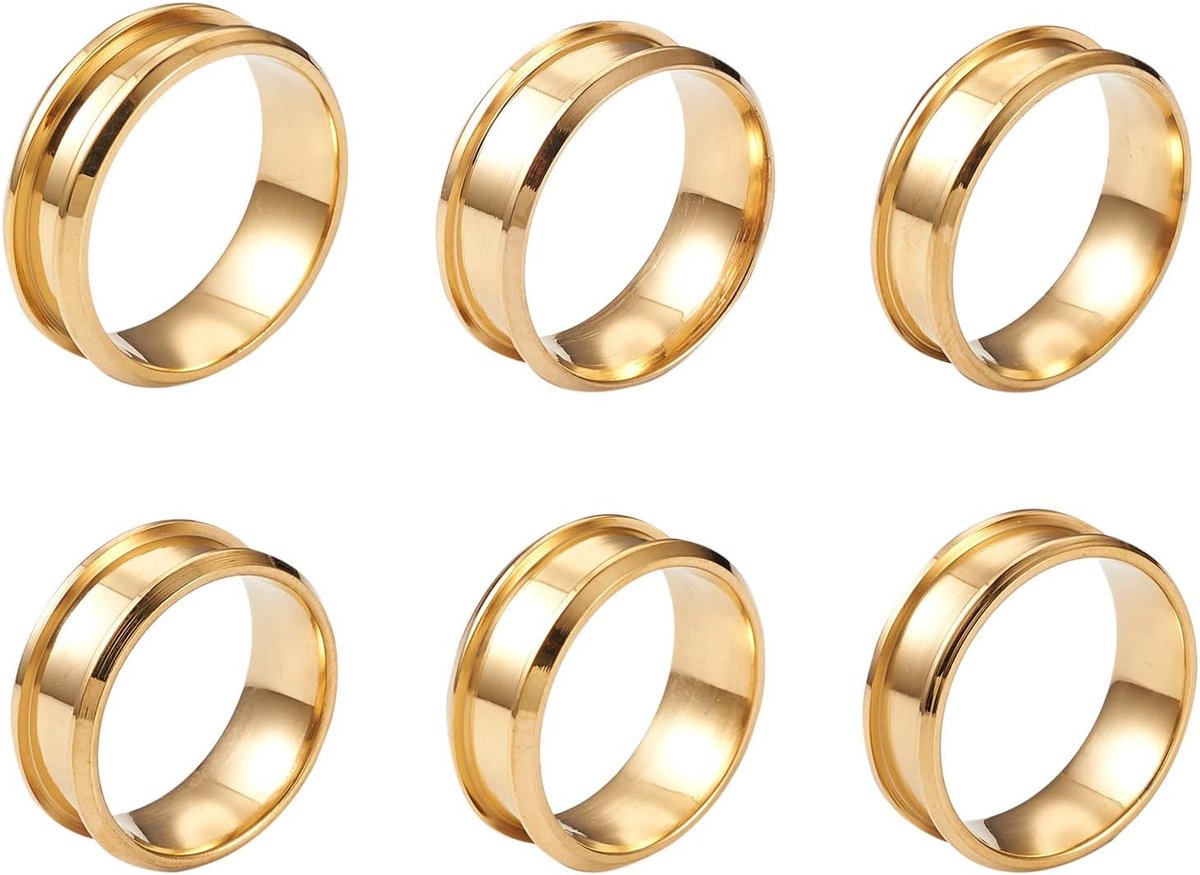 PandaHall 6Pcs Rvs Gegroefde Ring Core Blanks 17-22Mm Gouden Ronde Vinger Ring Voor Inlay Sieraden Maken
