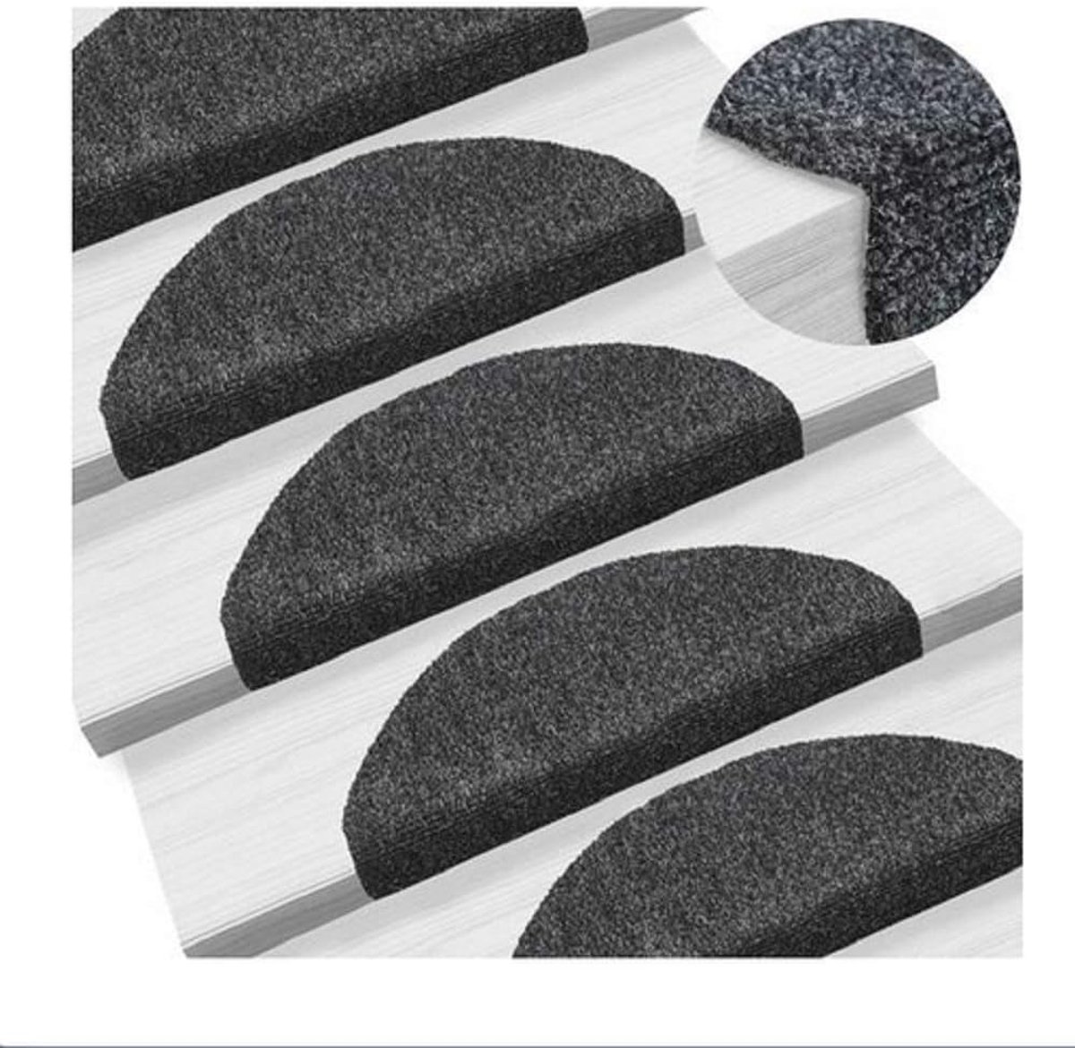 Trapmatten, halfrond, 15 stuks, traptapijt, zelfklevend, machinewasbaar, 65 x 21 cm, trapmat, trapbescherming (zwart)