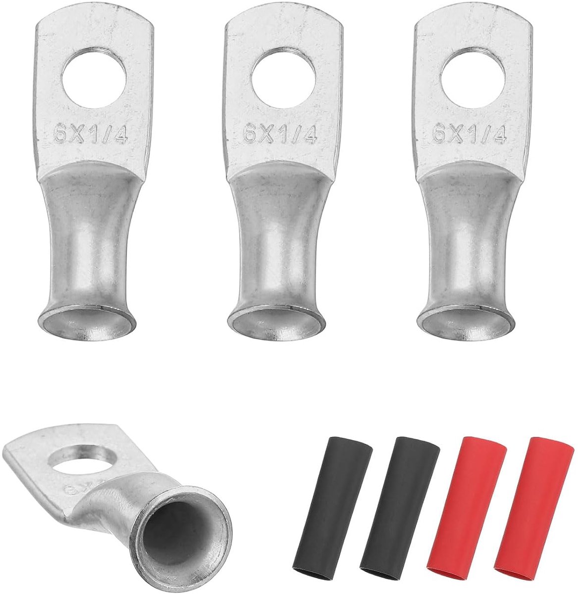 4 stuks 6 AWG M6 oogbatterijklemmen, 1/4 inch 6 mm koperen krimpdraadconnector, krimpommanteling 3:1, zilver
