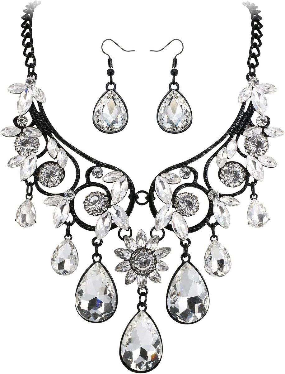 Sieradenset voor dames, tribal, etnisch kristal, chunky statement, halsketting, hangende oorbellen