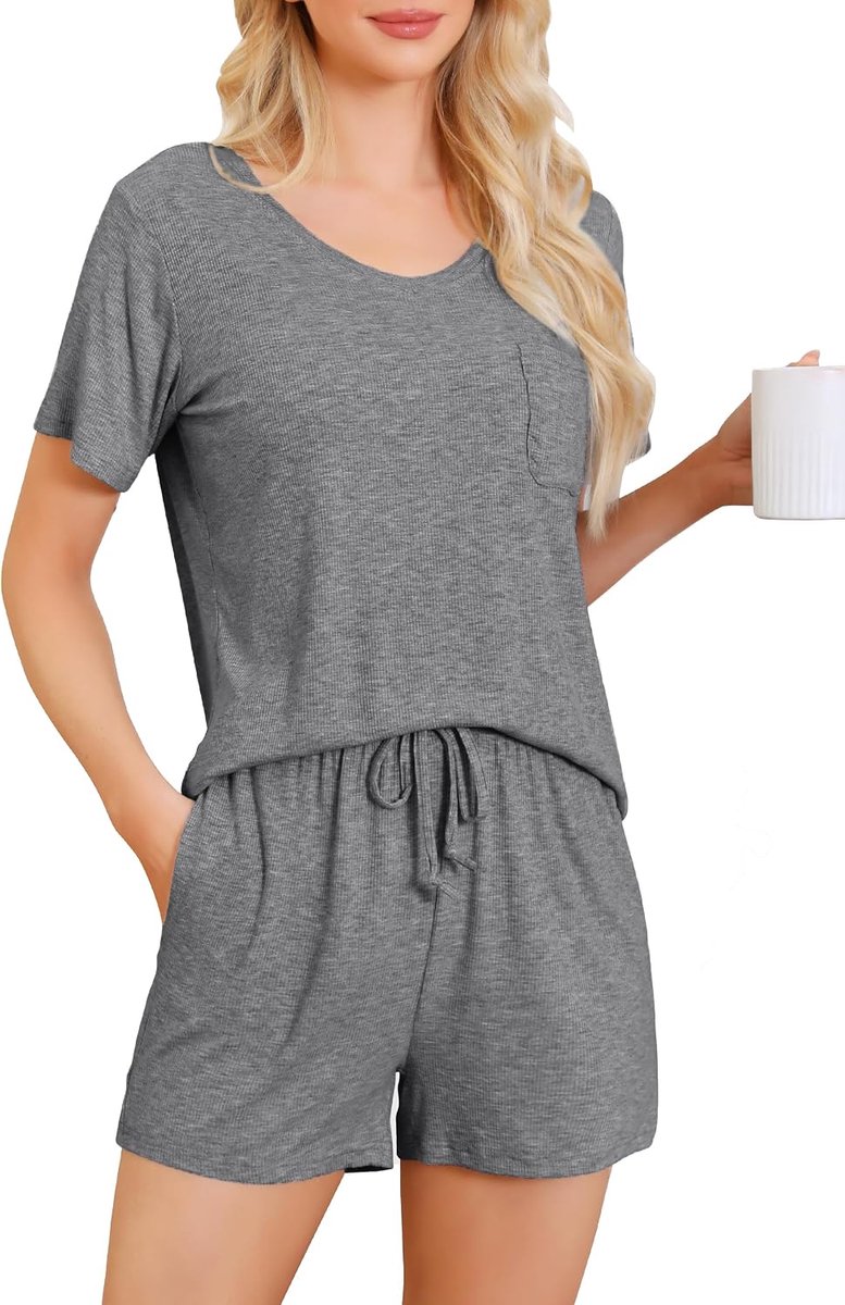 Pyjama-set voor dames, zomerse pyjamasets voor dames, V-hals, 2-delig bovendeel en shorts voor loungewear, nachtkleding met zakken