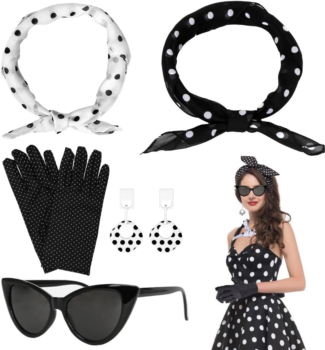 50-kostuumaccessoire voor dames, retrostijl, gestippelde accessoires uit de jaren 50, kostuumaccessoires voor dames, accessoires voor carnaval, Halloween