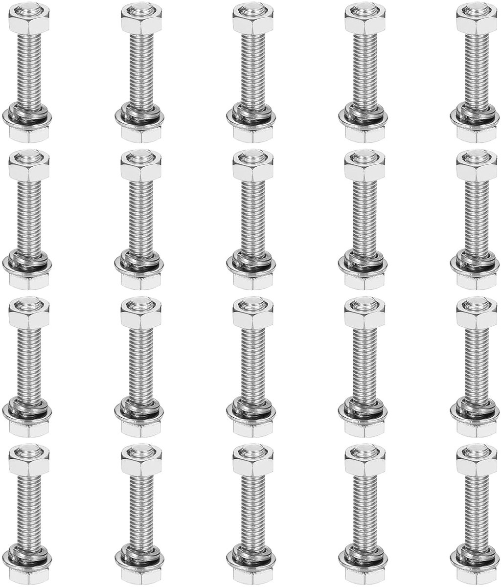 M5 x 25 mm 304 roestvrij stalen zeskantschroeven, moeren, sluitringen en veerringen, assortiment, volledige schroefdraad, hoogglans, voor huishouden, elektronica, machinebouw, 20 sets