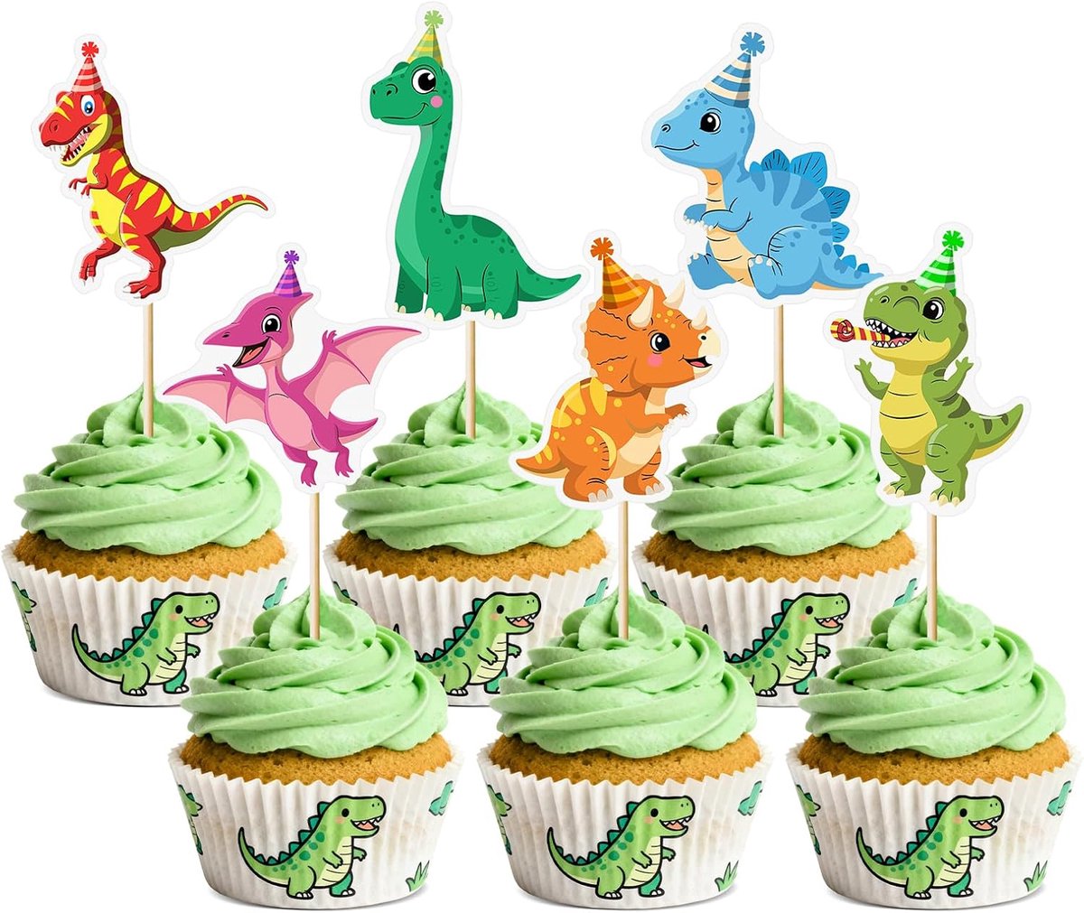 36 stuks Cartoon-Dinosaurier-Cupcake-Topper, schattige dino-taartpotloden met 6 schattige ontwerpen - Dinosaurier-Geburtstagsfeier-Dekorationen voor kinderen, babyfeest en tafelaccessoires.