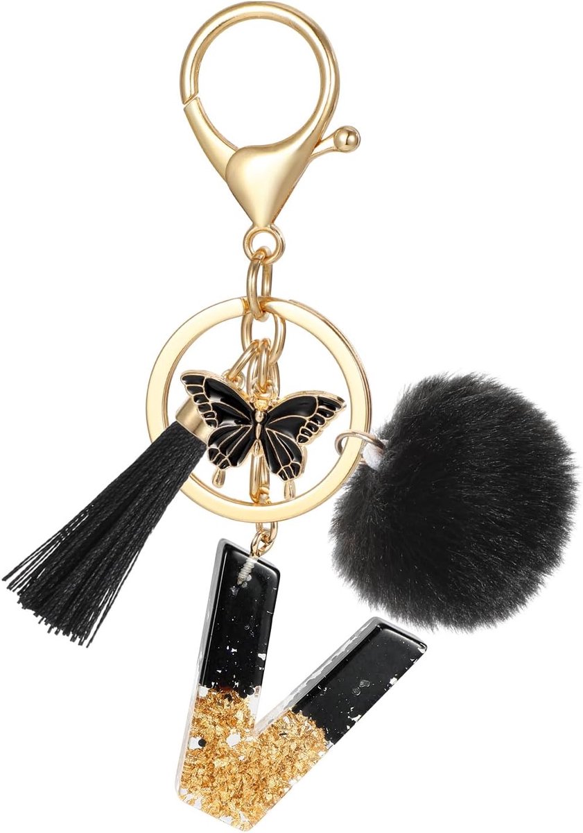 Alfabet sleutelhanger met beginletters, naam sleutelhanger met kwastje vlinder hanger pom pom voor vrouwen, zwarte hars goudfolie pailletten sleutelhanger charme voor deur auto sleutel handtas