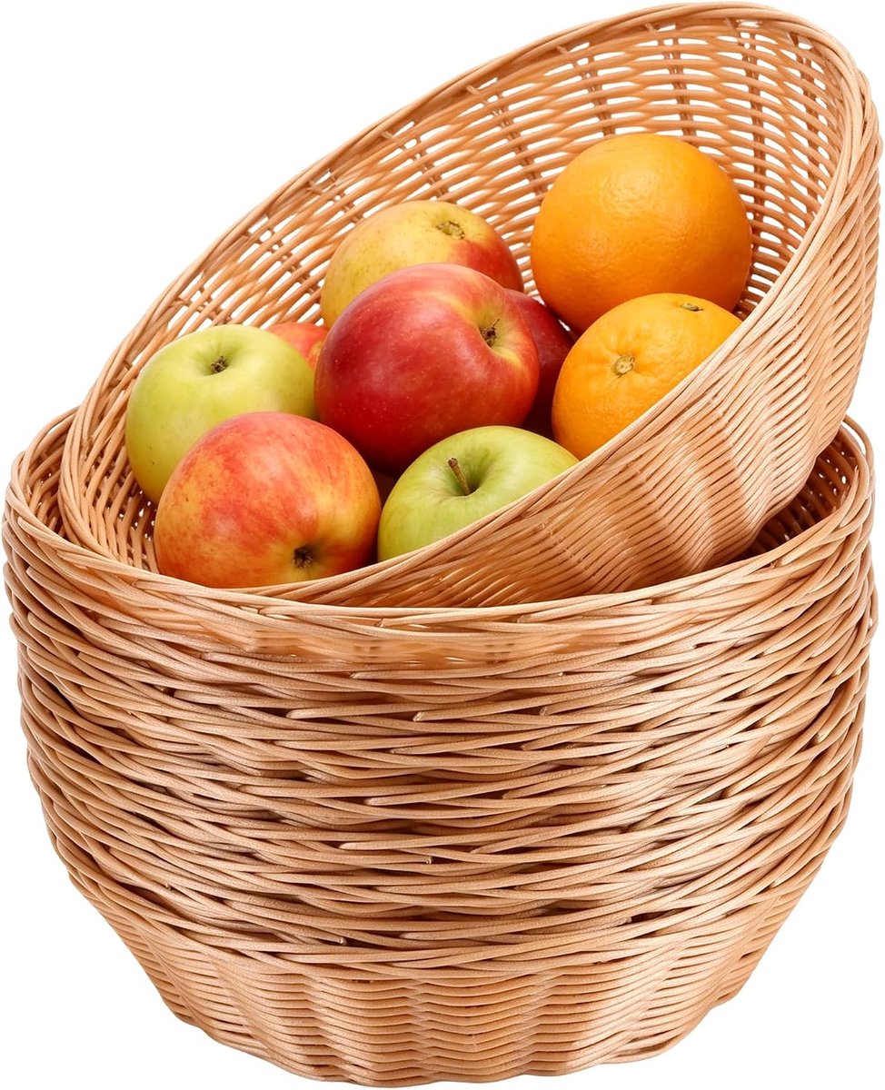 Broodmand, rond, gevlochten, 24 x 6 cm, rotan broodmand om te serveren, gevlochten mand van kunststof voor restaurant, picknick, keuken, 10 stuks