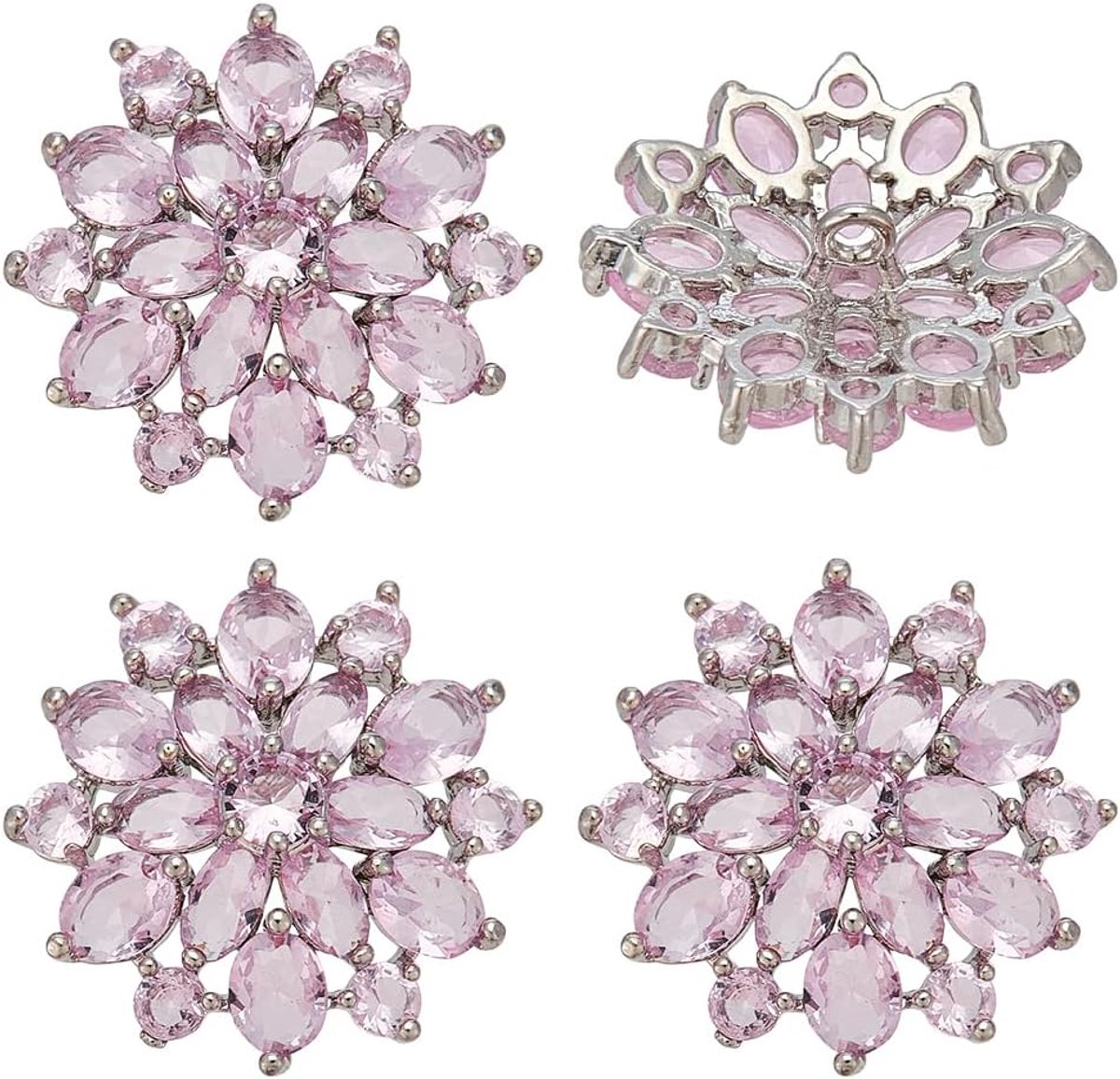 4 stuks kubieke zirkonia, 21 x 22 mm, decoratief, van messing, platina, bloemvorm, verfraaiing voor naaien, herbruikbare knopen, strass, lila, met gat voor handwerk, decoratie, kleding