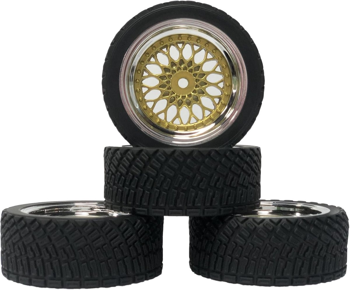 Wielenset, 4 stuks, 65 mm, rubberen banden met kunststof coating, velgen voor 1/10 RC-on-road rally raceauto, voor Tamiya WR8 HPI HSP TT02 (goud/zilver)