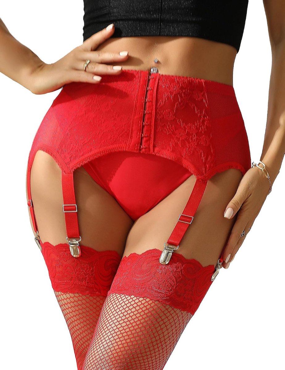 Comeondear Jarretellengordel Voor Dames Hot Grote Maten Hoge Taille Curvy Kousenband Voor Dames Kant Met 6 Verstelbare Clips Voor Kousen Korsetje Transparant Elastische Veters