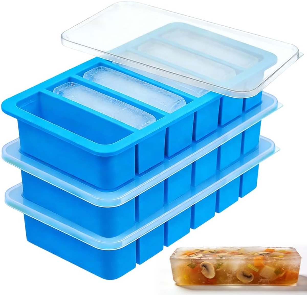 IJsblokjesvorm met deksel 3 stuks, 6 vakjes, gemakkelijk verwijderbare bevroren soepen bewaarder, voedselveilig, BPA-vrij siliconen vorm voor ijsblokjes, bouillon, saus en vruchtenpuree, blauw