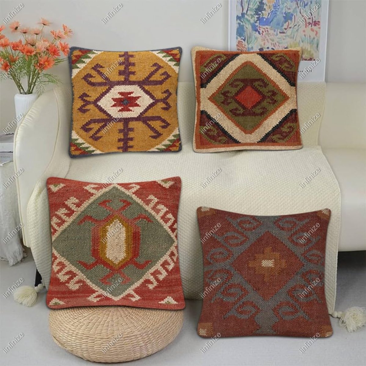 Kussenhoezen 45x45cm - Handgeweven wol-jute - Kilim ontwerp - Decoratief voor binnen en buiten - SnelShoppen