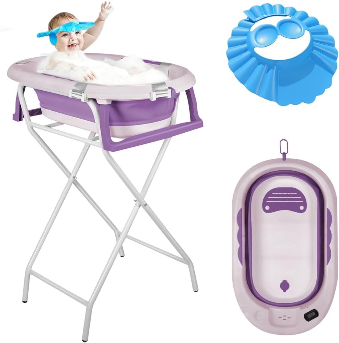 Opvouwbaar babybad met standaard, babybad met badmat en thermometer, reisbadkuip, ideaal als geboortecadeau, meisjes of jongens, 82 x 42 x 22 cm (grijs)