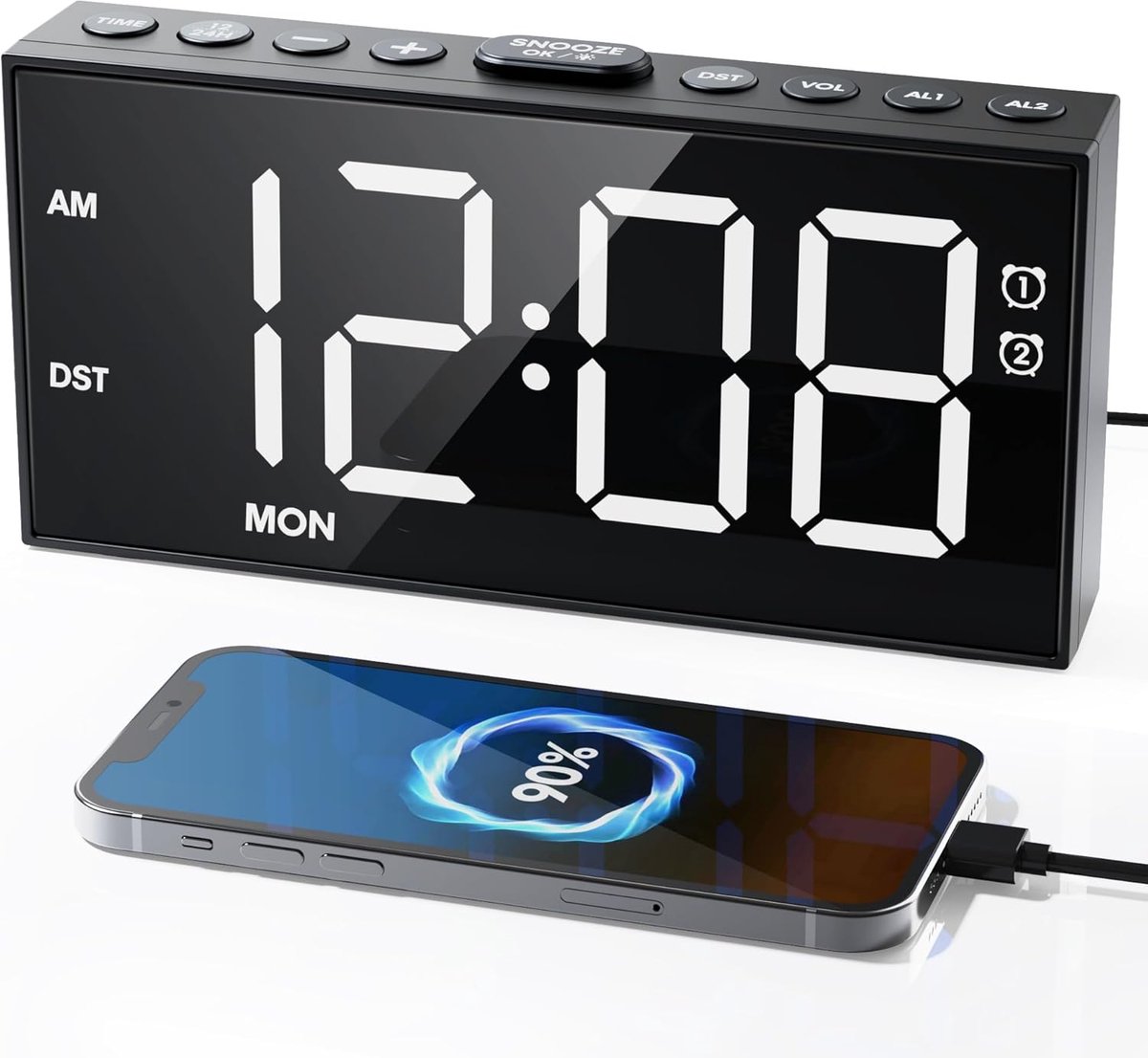 Digitale wekker voor diepe slapers, 7,5 inch led-display, 5 dimmers, 2 alarmen met weekday/weekend, 5 volumes, snooze, type C en USB-oplader, back-up batterij, 12/24H & DST