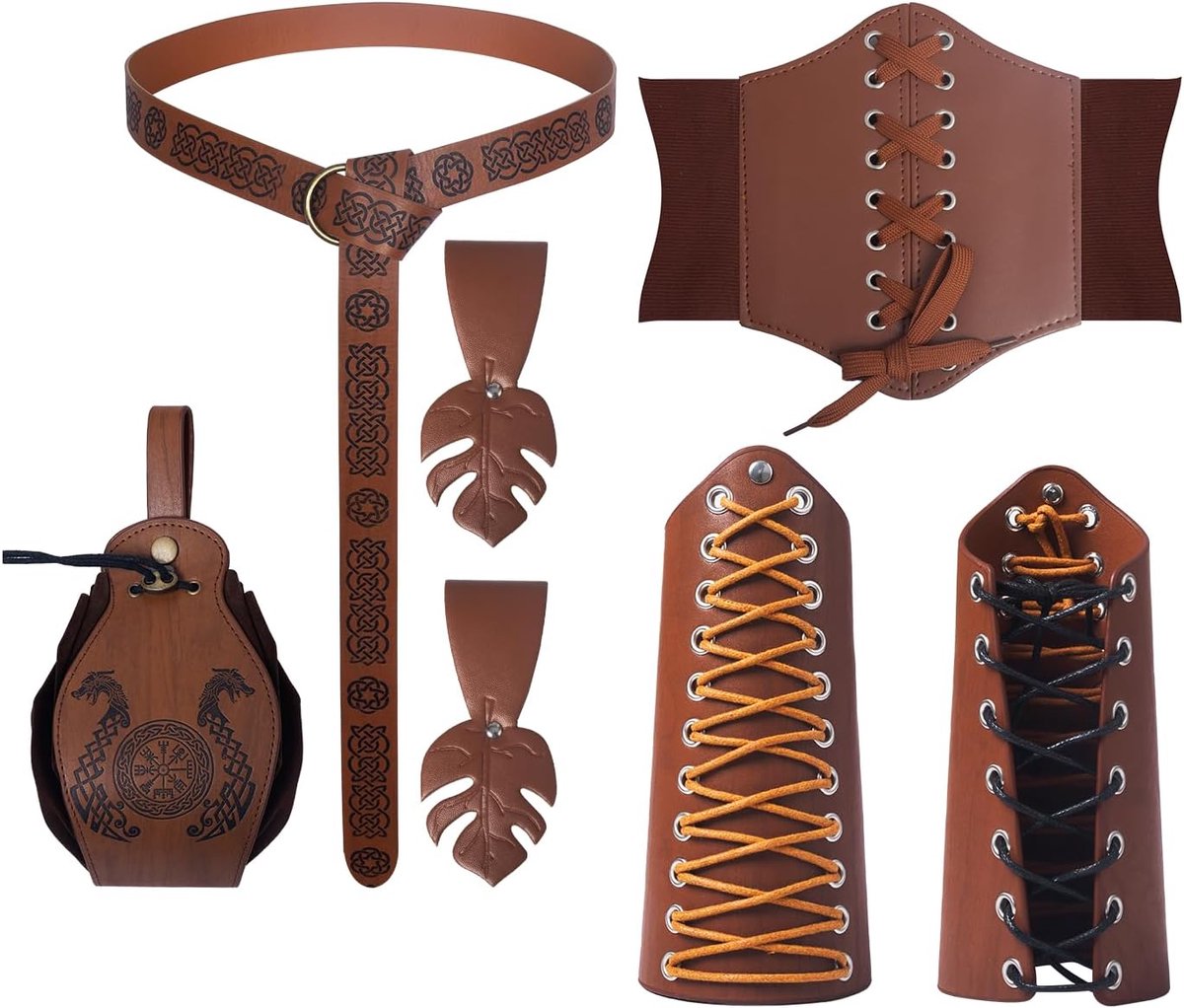 5 stuks middeleeuwse kleding voor dames, accessoireset, renaissance, Viking, renaissance, ridder, decoratie met korset, riem, armbeschermers, riemtas, kledingklem voor Halloween en carnaval