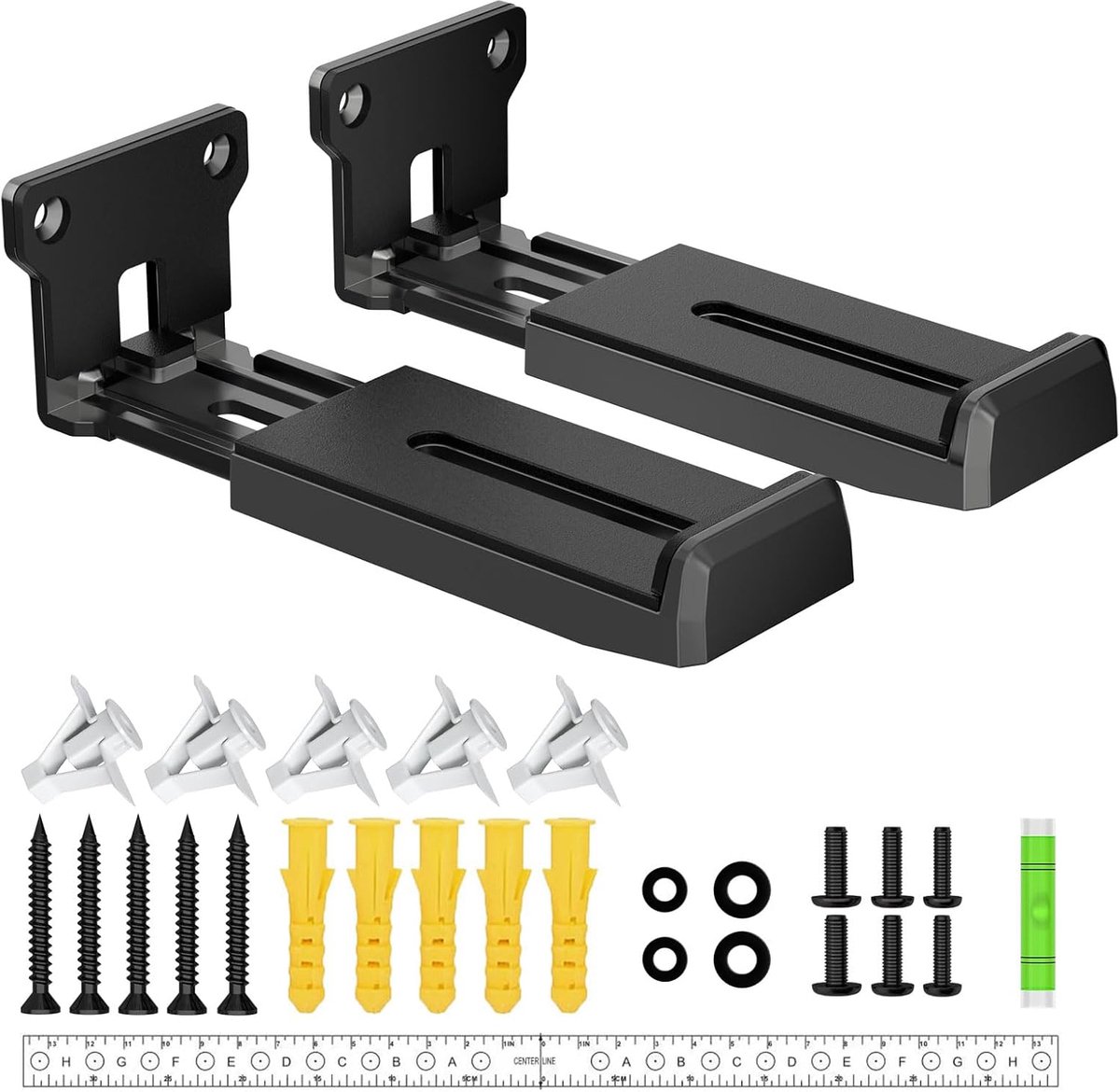 Soundbar wandmontagebeugel voor Samsung, Bose, Vizio, LG, Sony, JBL, Sonos en meer soundbar-bevestigingen onder tv, tot 33 pond, in diepte verstelbaar 9,1 cm - 16,3 cm, soundbarplank, zwart