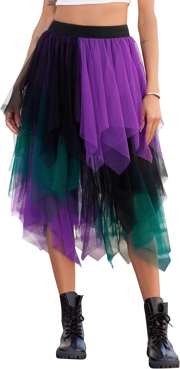 Tule rok voor dames, zwart, knielang, high low gelaagd, plooirok, midi-rok, A-lijn, onregelmatige puffy fee rok