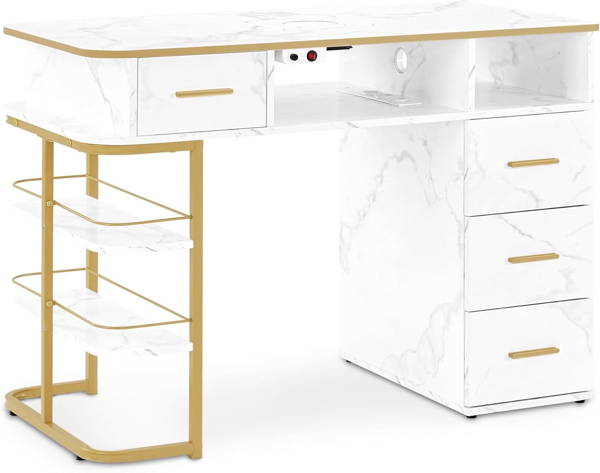 Manic Rentetisch met 4 laden, 1 plank en 5 planken, spijkertafel met zuigkracht, 2 vacuümreinigerzakken, nagelvrij tafelhout, bureau voor nagelstudio, marmeren wit goud, 55x112x80cm, 2464