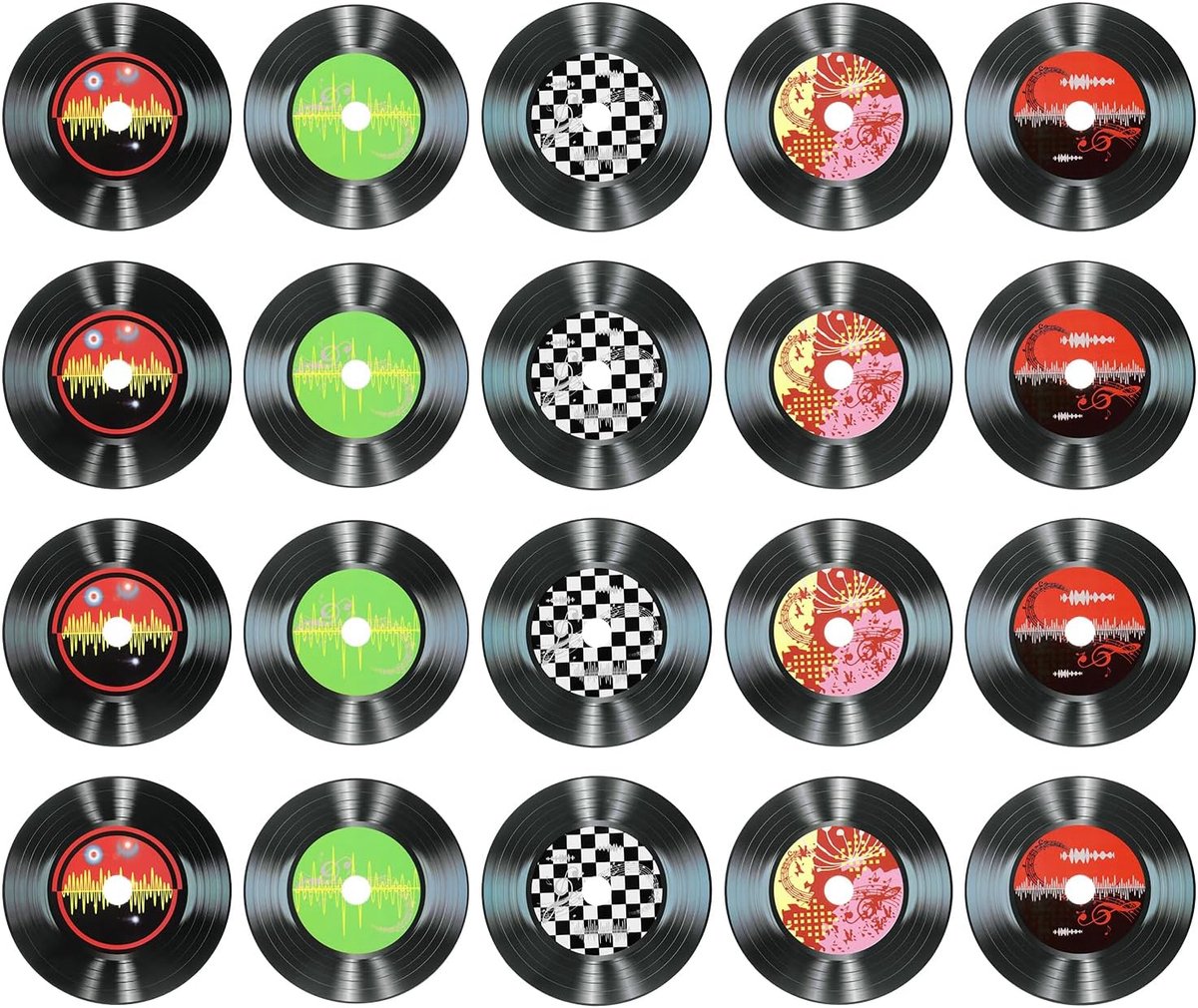 20 stuks vinyldecoraties, 14 cm vinylschijven, leeg 5 design, pvc nep cd-afdekkingen voor thuis, restaurant, party, rok en rol, zwart, stijl 6