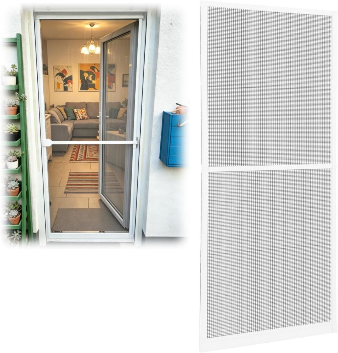 Vliegengaas voor deur met frame, 120 x 210 cm, insectenwerende deur voor balkon, vliegengaas met glasvezelweefsel als zelfbouwset, insectenwerende deur voor terras, wit
