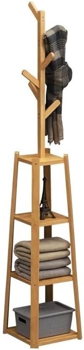 Kapstok Bamboe - Kledingrek Haken - Opbergen Jassen - 3 Lagen Plank - 175 cm Hoog - Houtkleur