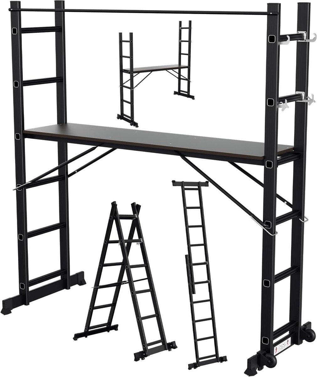 Steiger, 4-in-1 multifunctionele aluminium ladder, 6 + 6 treden, mobiele multifunctionele ladder met platform en 2 wielen, werksteiger, werkplatform, belastbaar tot max. 150 kg, zwart