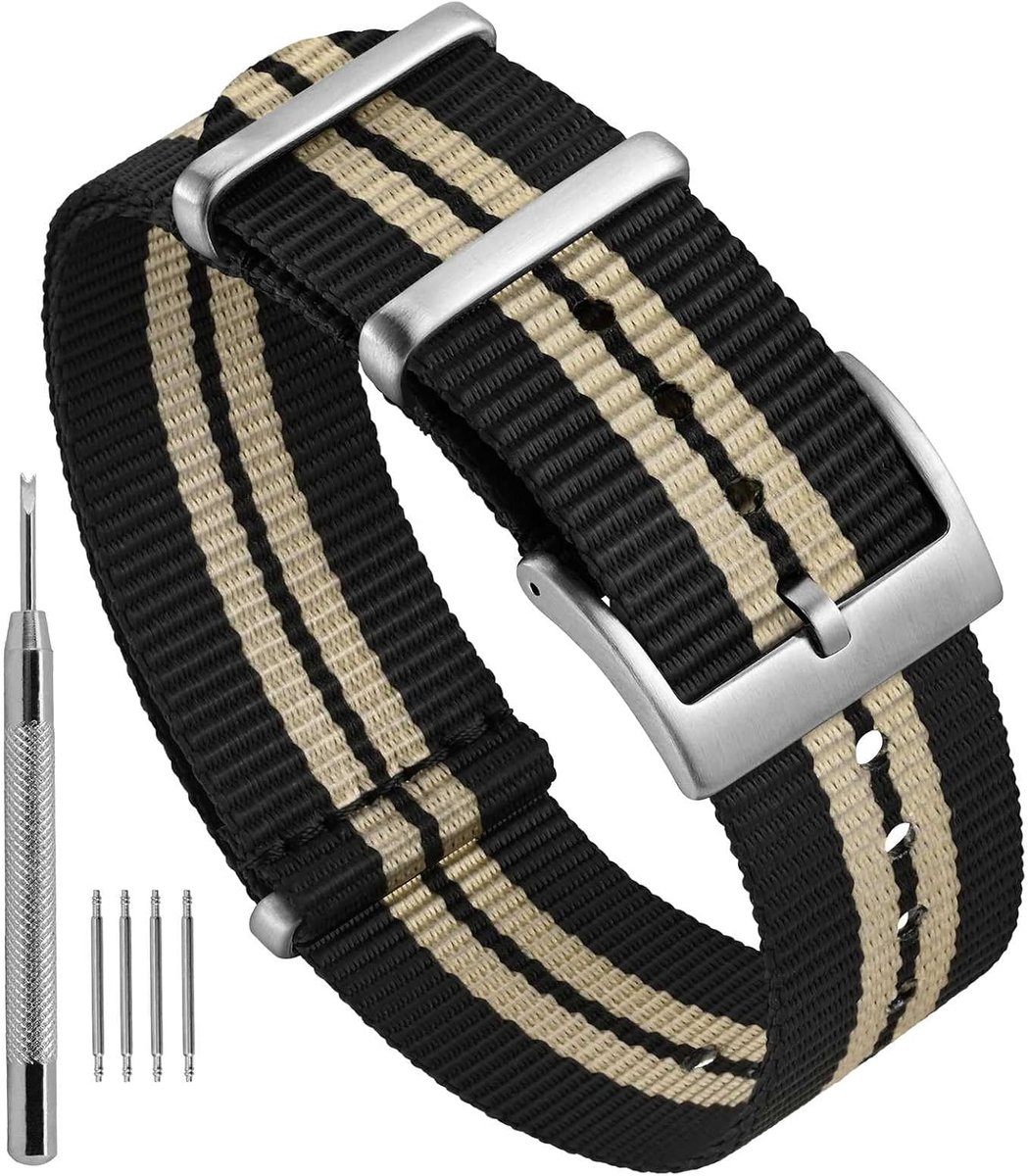 gestreepte nylon horlogeband uit één stuk, vervangende band in militaire stijl met roestvrijstalen gesp voor heren dames, bandbreedte 18 mm 20 mm 22 mm