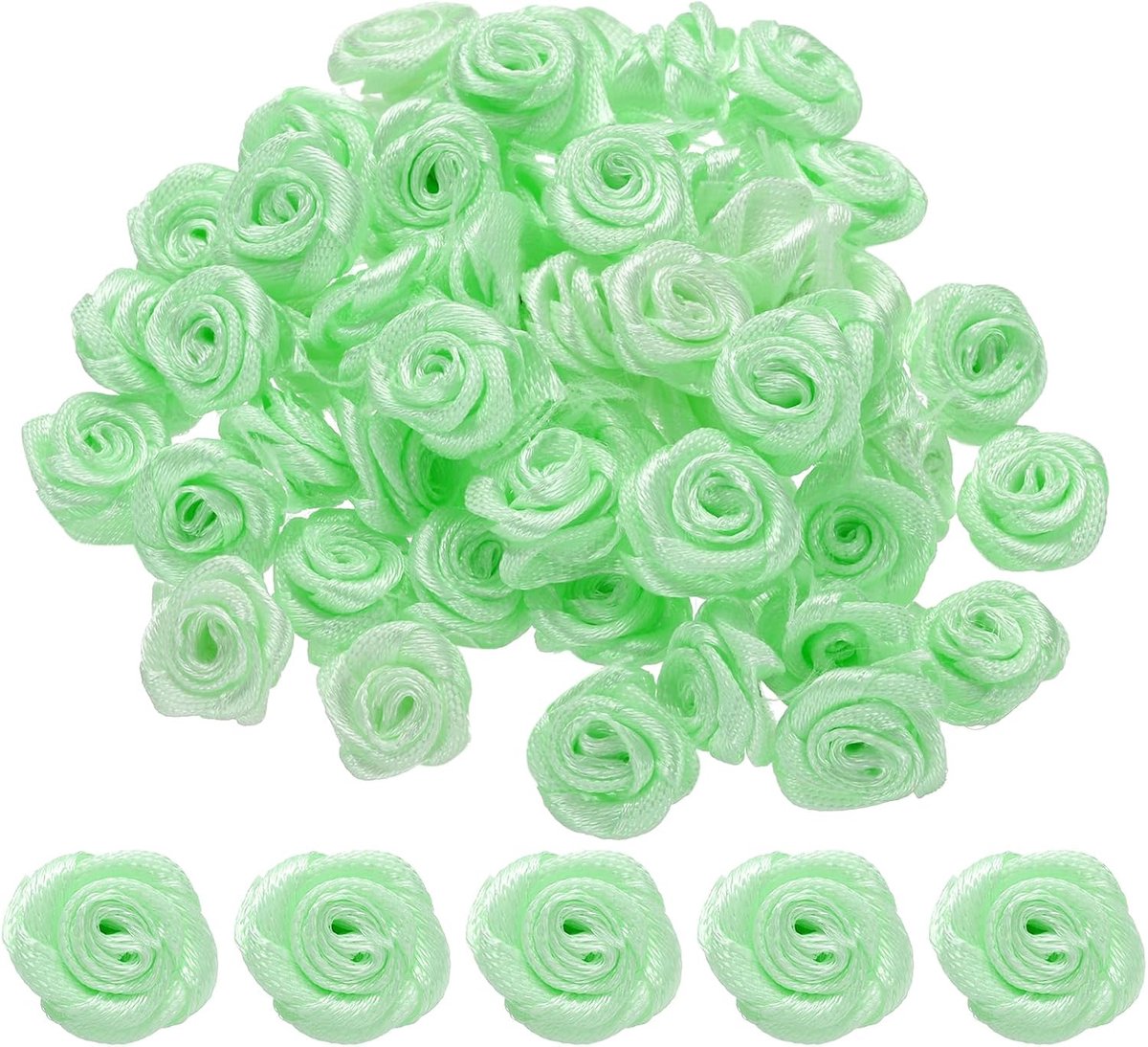 100 stuks mini-rozen van satijnen lint, 1,5 cm, kunststoffen bloemen voor doe-het-zelf creaties, naai-accessoires en bruiloftsdecoratie, kleur lichtgroen