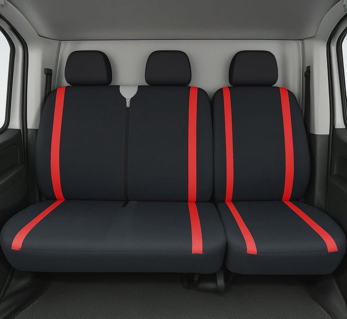 Accessori Lupex Universele Autostoelhoezen voor bestelwagens en vrachtwagens, 3-zits, voorzijde 2+1, compatibel met armleuning (zwart-rood, LS30 polyester)