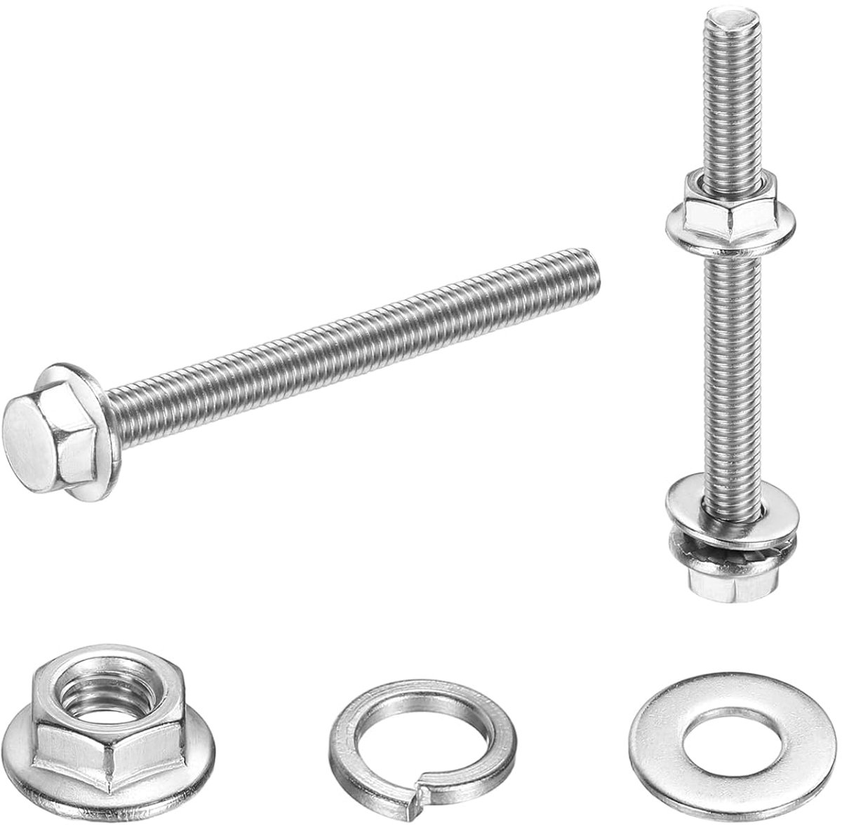 M5 x 50 mm Phillips-flens zeskantschroeven 20 stuks 304 roestvrij stalen flens zeskantschroeven met moeren platte schijven en veerringen, volledige schroefdraad voor machinebouw, zilver