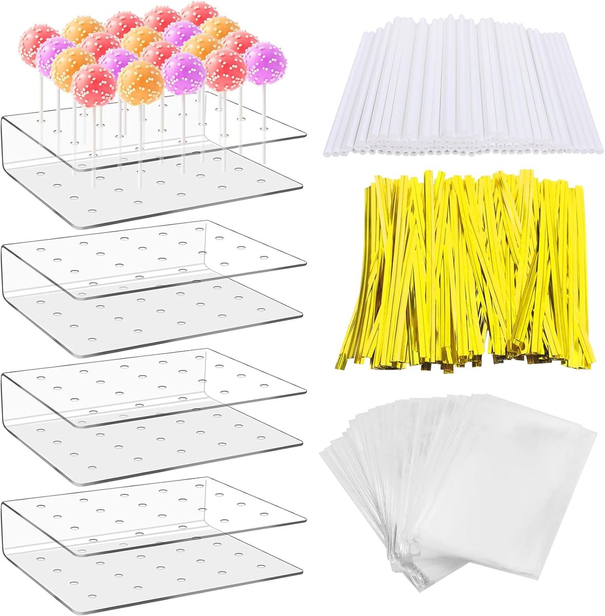 Cake Pop Stand 20 Holes - Acryl Lollipop Houder - Inclusief Lollipop Sticks en Cellofaanzakjes - Perfect voor Feesten - ShopVlot