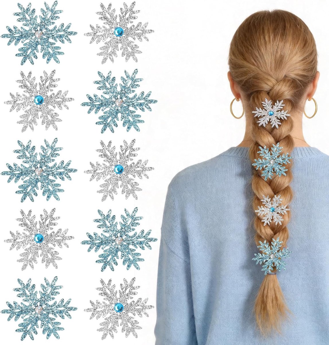 Sneeuwvlok-haarclips set - 10-delige glinsterende accessoires - blauw en zilver - ShopVlot