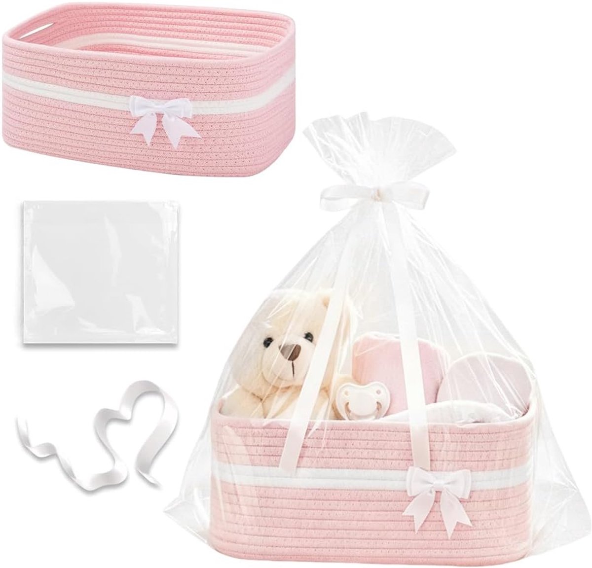 Cadeaumand groot - met cellofaanzak en lint - handgrepen - ideaal voor babyshower - ShopVlot