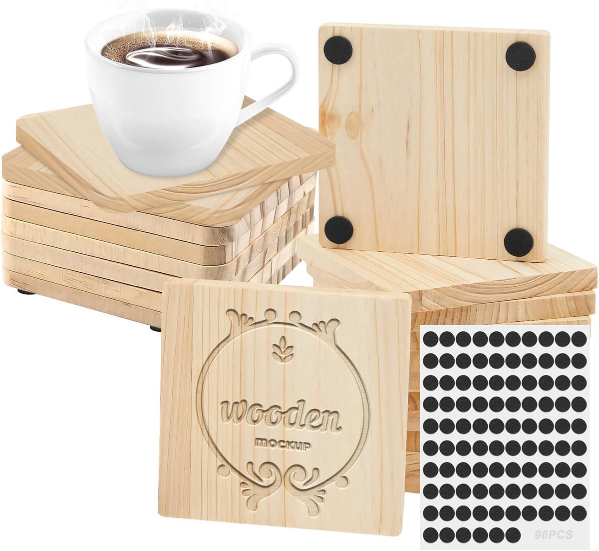 Houten Coasters 10cm - Onbehandeld Hout - Met 96 Antislip Pads - Perfect voor DIY en Laser Graveren - ShopVlot