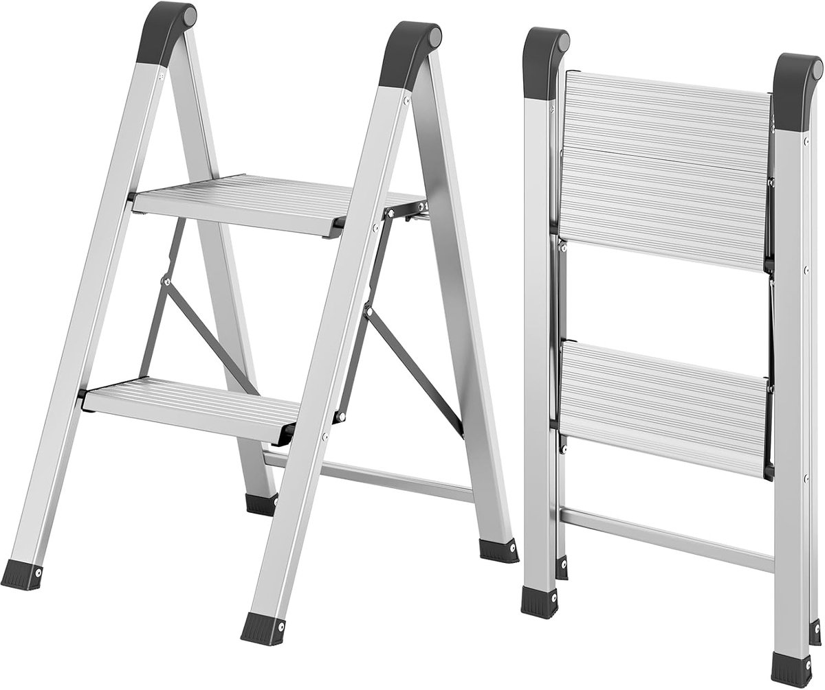 Vouwladder 2 treden - Aluminium - Antislip handgreep - Tot 150 kg belastbaar - ShopVlot